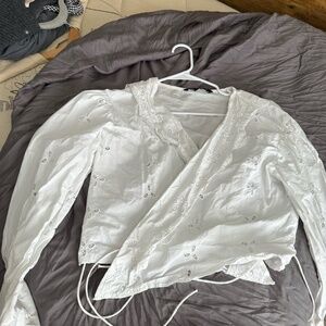 Zara Open Work Embroidered Wrap Over Blouse | White Eyelet